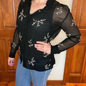 NY & Co Y2K Black Witchy Sheer Button Up Blouse Fairy Grunge Gothic Whimsigoth